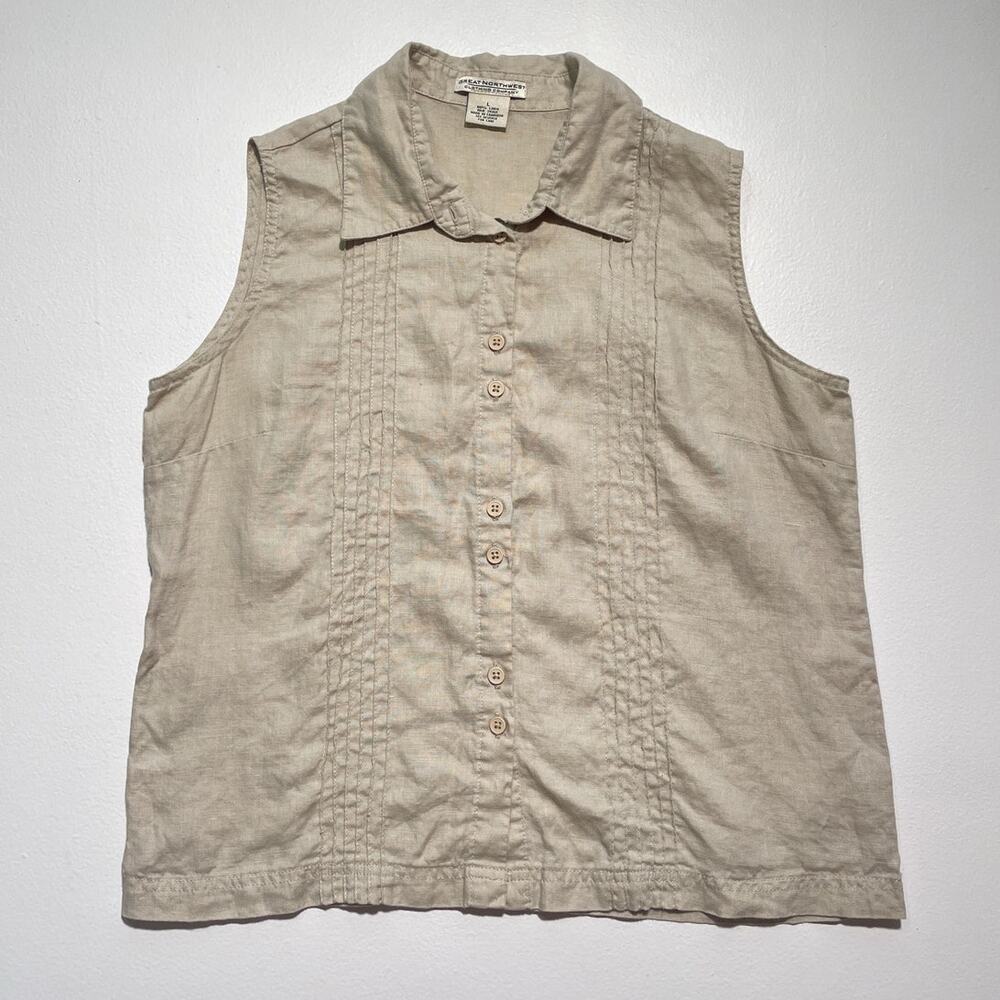 Vtg 90's Linen Button Up Sleeveless Top / Sz Large / Minimal Natural Fiber Boho